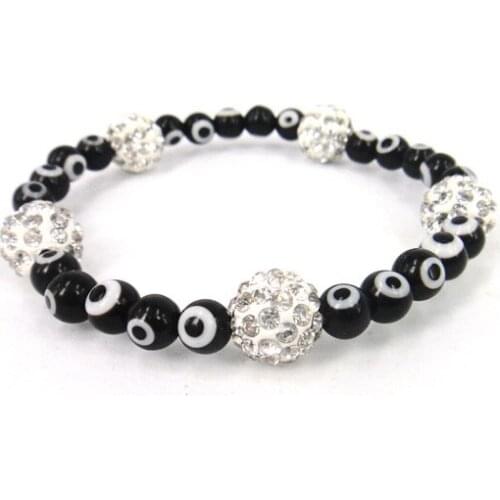 Free shipping 10mm white pave ball and 6mm black glass lucky evil eye bracelet,crystal ball bracelet