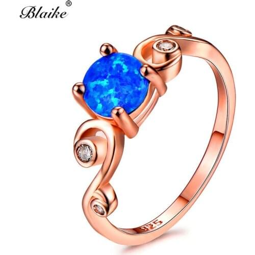 Blaike 7MM Round Blue/White/Purple Fire Opal Rings for Women Antique Rose Gold Filled Birthstone Ring 2018 New Fashion Jewelry