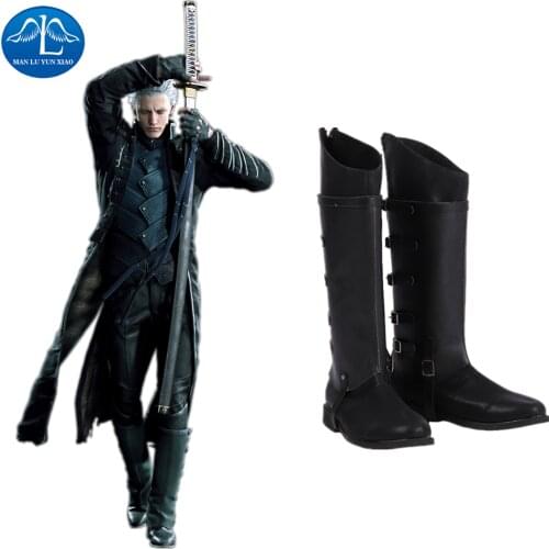Manluyunxiao Vergil Cosplay High Boots Game DMC 5 Outfit Black Faux Leather Shoes Halloween Costume for Kids Men