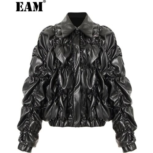 [EAM] Loose Fit Pu Leather Wrinkled Black Jacket New Lapel Long Sleeve Women Coat Fashion Tide Autumn Winter 2021 1DD3602