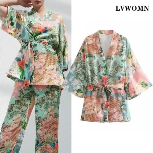 LVWOMN Za Womens V-Neck Kimono Cardigan Women Patchwork Long Sleeve With Belt Robe Style Summer Loose Plus Size Women Clothing