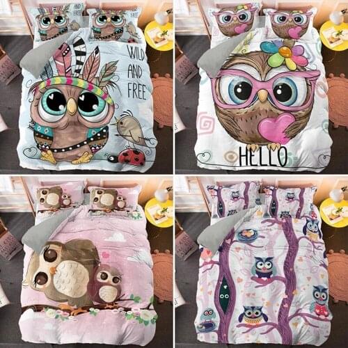 Cartoon Pink Owl Bedding Set For Girl Kids Teenager Cute Duvet Cover Sets Twin Full Queen King Size Bed Linen Bedclothes