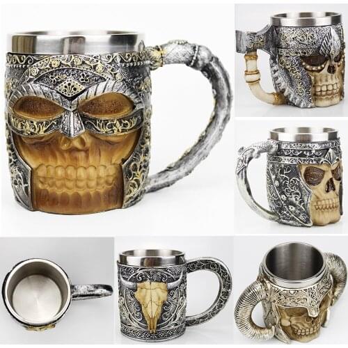 Viking Skull Mug Double Wall Stainless Steel Material Gothic Coffee Beer Tankard Skeleton Knight Mugs Halloween Friend Gift