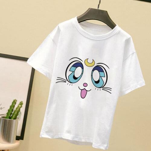 Cute New T-shirt Boys Round Neck White Clothes Cartoon Cat And Moon Pattern Kawaii Printing Toddler Girl Tops Funny Kids T Shirt