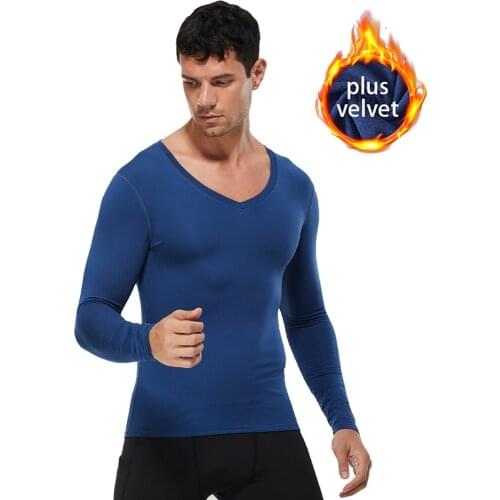Men Thermal Compression Shirt Quick Dry Tight V-neck Long Sleeve Running T-shirt Gym Fitness Training Bodybuilding Sportswear