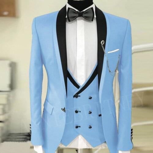 ANNIEBRITNEY Sky Blue Mens Suit for Wedding Prom New Designs Groom Tuxedo Jacket Pants Vest 3 piece Dinner Men Suit Blazer 2019