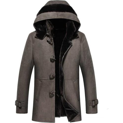 Natural Sheep Shearling Jacket Winter Genuine Leather Jacket Men Hooded Long Sheepskin Coat Real Fur Jackets 2020 4959 KJ3642