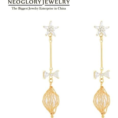 Neoglory Jewelry Handmade Long Dangle Earrings For Women Charm Golden Star Bowknot Zircon&Pearl Jewelry for Party New Hot Gift