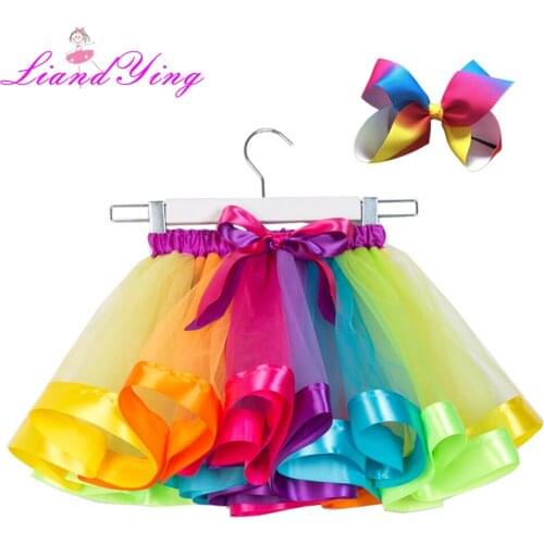New Girls Rainbow Tutu Skirts Baby Handmade Tulle Pettiskirt With Bow and Free Hairband Kids Ballet Dance Skirt