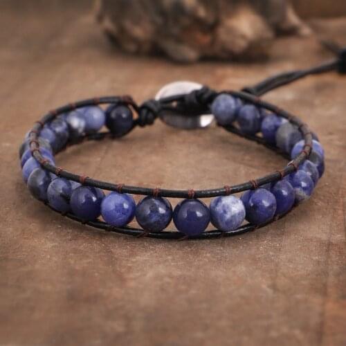Natural Sodalite Stone Bracelet For Women Handmade Leather Wrapped Bracelets Ethnic Weaving Blue Stone Beads Jewelry