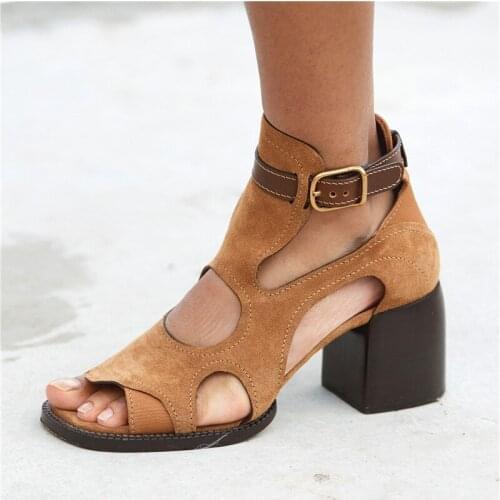 Gladiator Sandals 2021 Summer Thick Heel High-heeled Shoes Woman Hollow Out Leisure Buckle Fish Mouth Sandalias Mujer Pumps