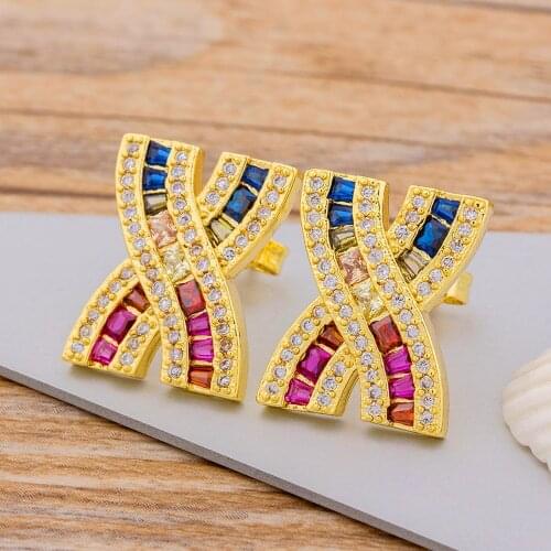 Rainbow Rhinestone Cross Stud Earrings For Women New Trendy Lady Fashion Copper CZ Earrings Jewelry For Party Engagement Gift