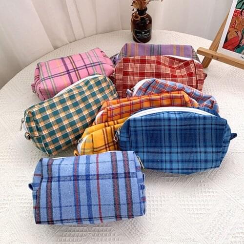 INS Vintage Pencil Case Large Capacity Lattice Grid Pen Bag Pencil Pouch for Stationery Cosmetics Brush Travel School Supplies