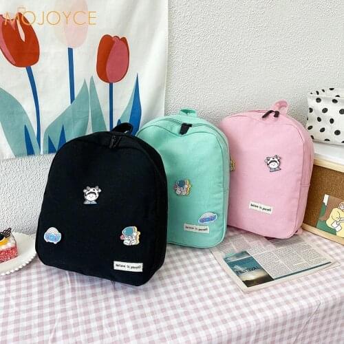 Vintage Women Canvas Solid Color Backpack Casual Preppy Style Ladies Large Capacity Knapsack Rucksacks Handbags with Cartoon Bad