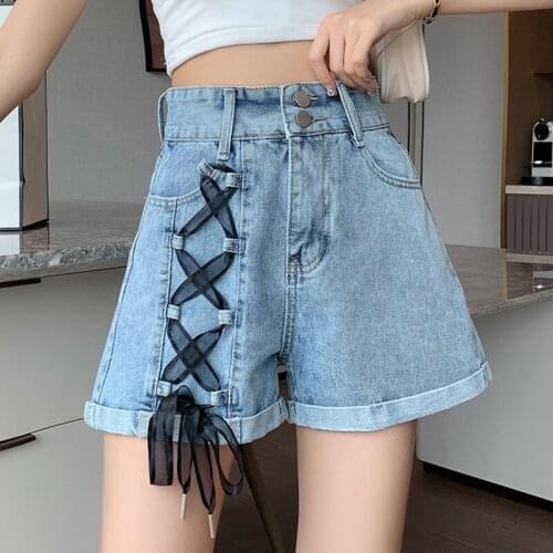 High Waist Bandage Crimping Womens Knickers Button Summer Denim Shorts Female Harajuku Wide Leg Loose Pants Hot Sale Streetwear