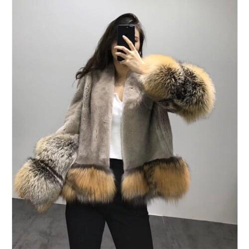 Women real mink fur coat patchwork real red fox fur cuffs and lap winter warm short fur coat jacket
