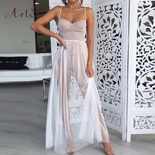 ArtSu Sheer Mesh Vestidos Sexy Spaghetti Strap High Split Long Maxi Dress Women Lace Polka Dot Party Dresses Summer White Dress