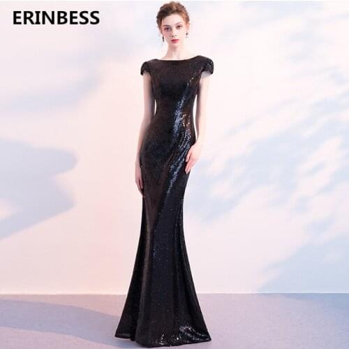 2020 Vestido De Festa Sexy Black Sequin Mermaid Evening Dresses Long Dress Robe De Soiree Scoop Neck Evening Dress Vestidos