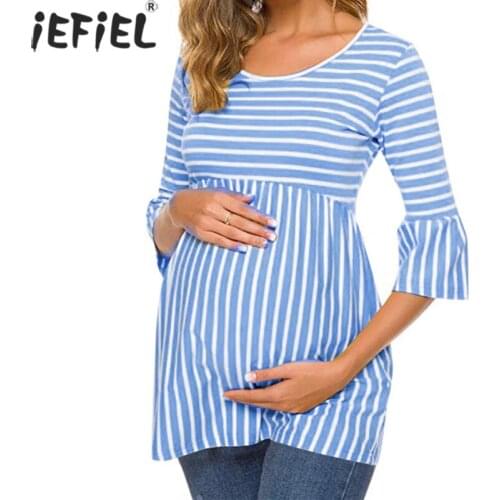 2021 Autumn Pregnant Women Loose Style O-neck Pregnancy Striped T-shirt Plus Size Maternity Casual Flare Sleeve Ruffle Tops