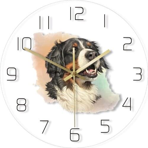 Happy Bernese Mountain Dog Acrylic Transparent Wall Clock Watercolor Painting Smiling Puppy Wall Hanging Watch Pet Shop Decor