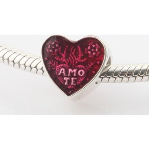 Authentic S925 Sterling Silver Beads Latin I Love You Glaze Heart Red Enamel Charms Fit Original Bracelets & Bangles DIY Jewelry