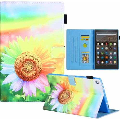 Sunflower Print Colorful PU Leather Smart Folding Stand Protective Case Cover for All-New Fire HD 10 Tablet 2017/2019