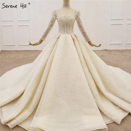 Dubai Champagne Long Sleeve Sexy Wedding Dresses 2020 Luxury Beading Sequins Princess Bride Gowns HX0129 Custom Made