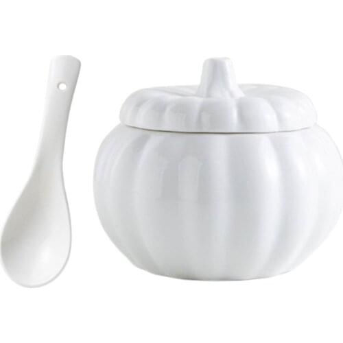 1 Set of Ceramic Pumpkin Bowl Household Stew Bowl with Cover Soup Bowl Spoon