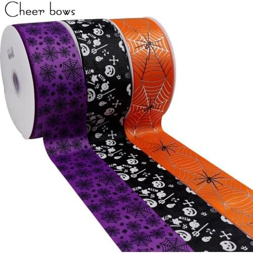 2Y/lot 3" 75mm Halloween Grosgrain Ribbon Spider web Ghost Printed Solid Ribbon For Halloween Decoration DIY Sewing Fabric