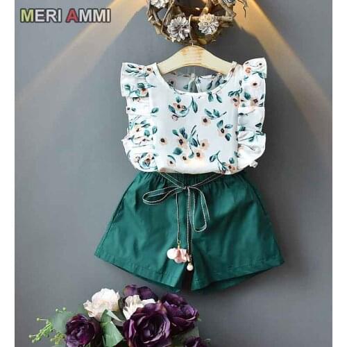 MERI AMMI 2 pcs Clothing Set Children Girl Summer Outfit Floral Tee +Bowknot Shorts Outwear For Baby Girl