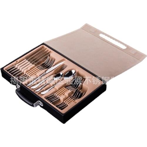 24-Piece Tableware Set Stainless Steel Knife Fork Spoon Set Dinnerware Luxury Table Cutlery Kitchen Leather Suitcase Gift Box
