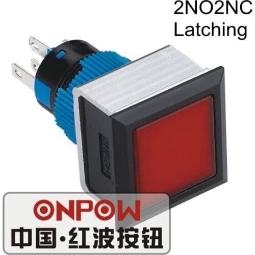 ONPOW 22mm Latching 2NO2NC LED illuminated Black case Square Plastic push button switch (LAS1-APF-22Z/R/12V) CE, UL, ROHS