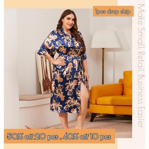 Plus Size Solid Satin Belted Robe Wholesale Women Silk Sleepwear SexyNighty Gown CT Market
