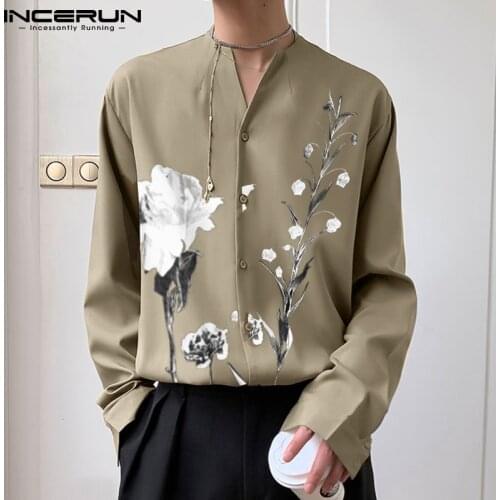 INCERUN Men Shirt Printing V Neck Long Sleeve Streetwear Loose Casual Camisa Masculina Button 2021 Vintage Leisure Shirts S-3XL