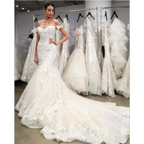 Modest Mermaid 2021 Wedding Dresses Off The Shoulder Full Lace Appliqued Bridal Gowns Court Train Camo Wedding Dress