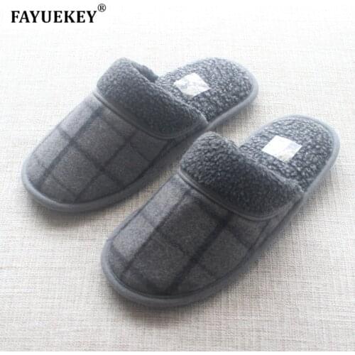 FAYUEKEY Autumn Winter High Quality Cotton Plush Home Plaid Slipper Men Indoor Floor Outdoor Thicken Warm Boy Flat Shoes