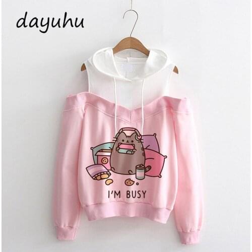 Cat Hoodie Women Fashion Cartoon Korean Harajuku Female Style Kawaii 90s Clothes Hood Y2k Sweatshirt Cat Clothes off shoulder