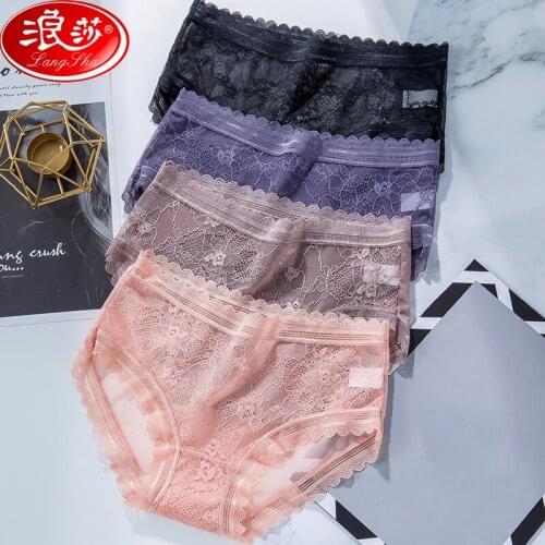 LANGSHA 4Pcs Sexy Lace Panties Women Seamless Girls Underwear Low-Rise Briefs Comfort Crotch Cotton Female Transparent Lingerie