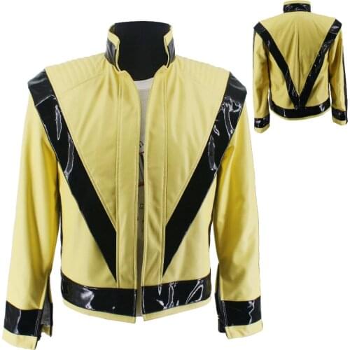 WOW Rare MJ Michael Jackson Thriller Night Light Yellow Open PU Classic Cosplay Jacket On Concert Perfromance