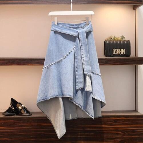 Summer women clothing denim fabric washed a-line skirts knee- length high waist women skirts cowboy solid color female skirts