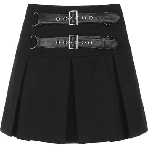 Women Gothic High Waist Black Mini Pleated Skater Skirt with Double Buckle Belt