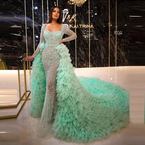 Luxury Mint Green Women Overlay Skirts Ruffled Tulle Over Skirt Long Length With Train Puffy Fluffy Maxi Tulle Skirt