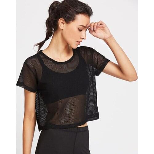 Womens Mesh Yoga Shirt Sexy Short Sleeve T-Shirt Sport Top Blouse Cover Up Quick Dry Gym Clothes Running Fitness Tank Sportwear