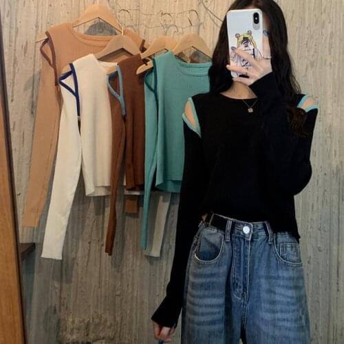 Sexy Off-the-shoulder O-neck Cropped Pullovers Women New 2021 Contrast Color Fashion Slim Sweater Long Sleeve Fall Jumpers