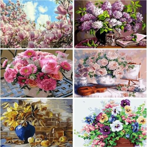 AZQSD DIY Unframe Adult Number Painting Flower Kits Acrylic Paint Unique Gift Oil Painting By Numbers Vase Handpainted Gift