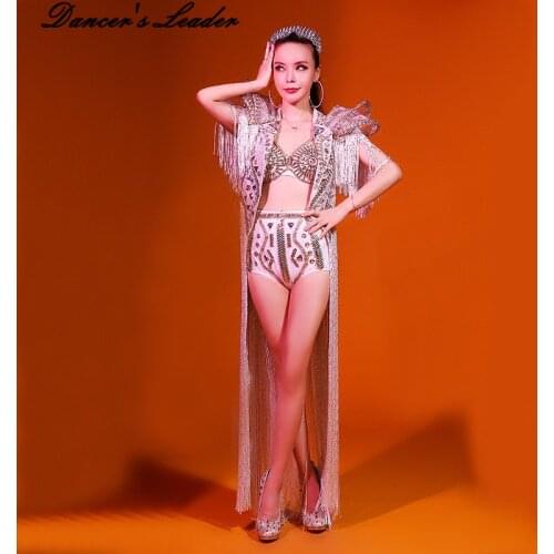 Rhinestone Bodysuit AB Color Bright Diamond Stage Costumes Singers Dj Sexy White Three-piece Stage Performance Dance Costume