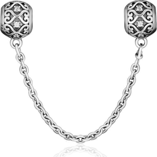 Genuine 925 Sterling Silver Enchanted Heart Safety Chain Charms Fits Pandora Bracelet Silver Beads for Jewelry Making Women Gift