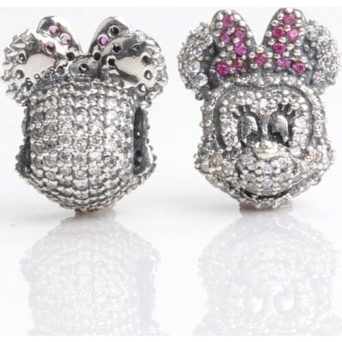 Hot Sale Genuine 100% 925 Sterling Silver Full of zircon Minnie beads Fit Original Bracelet Necklace DIY Jewelry