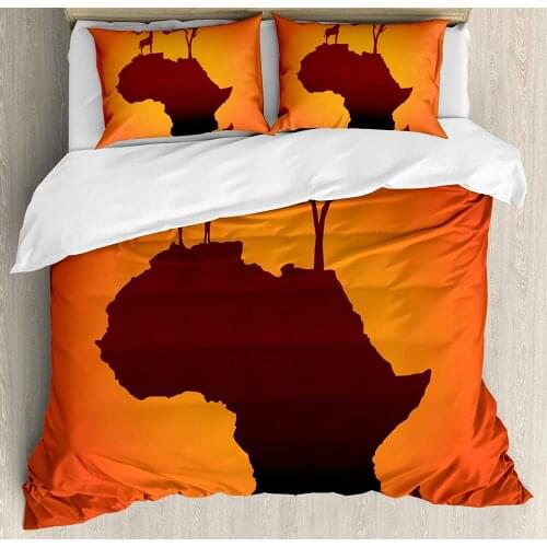 African Duvet Cover Set Safari Map with Continent Giraffe and Tree Silhouette Savannah Wild Design 3 Piece Bedding Set Orange