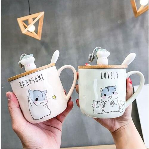 Creative Wooden Lid Coffee Ceramic Mug Funny 400ML Cute Spoon Cartoon Hamster Handle Milk Breakfast Cup Office Animal Cups